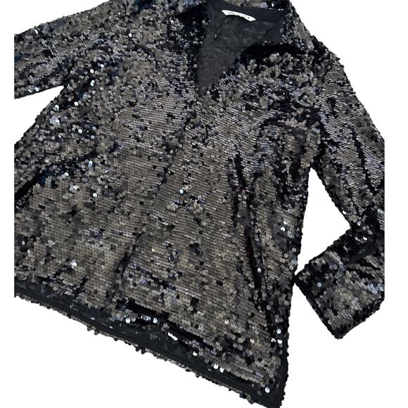Zara‎ V Neck Collared Flowy Long Sleeve Sequined Top Black Size Medium - Picture 7 of 11